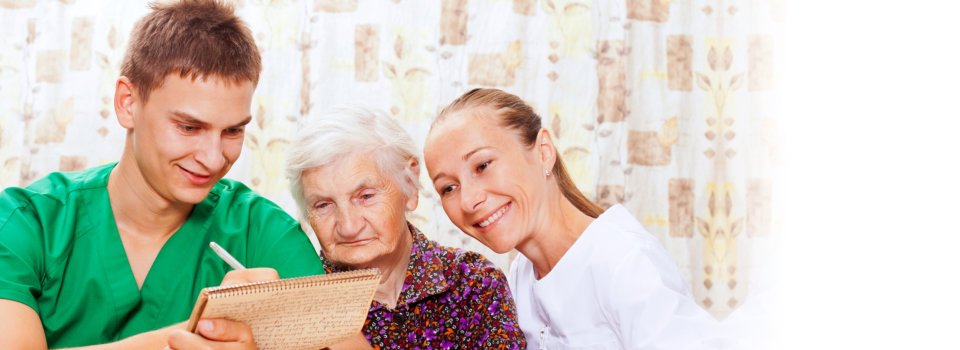elderly woman and a young man and woman